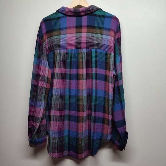 Cato Button Down Shirt Women Size L Purple Blue Plaid Relaxed Oversized Casual - Picture 6 of 9